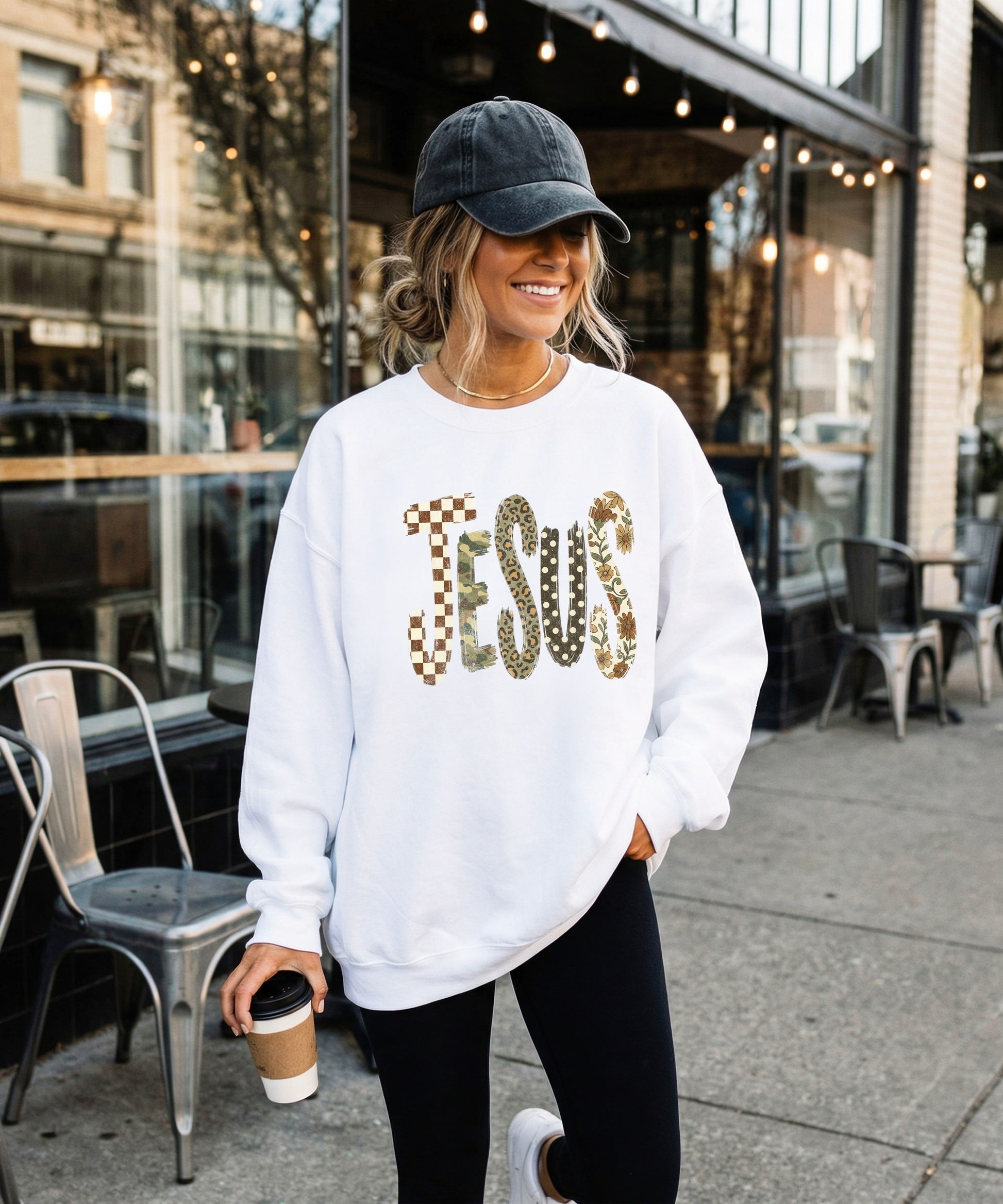 Jesus checkered leopard Easter crewneck sweatshirt in White, lifestyle view