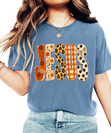 Jesus floral leopard bow Christian Easter graphic tee in Blue Jean, front view