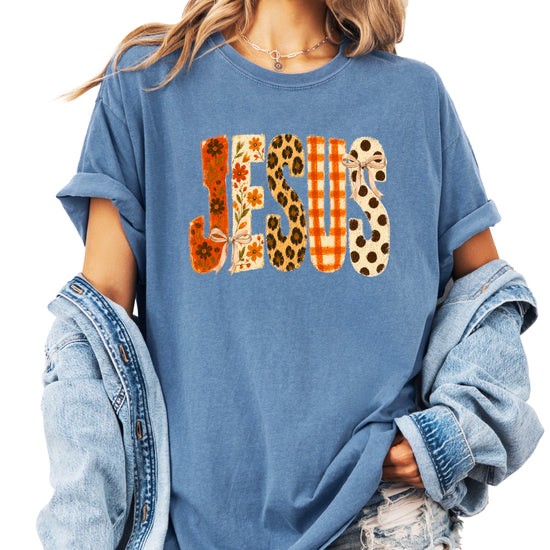 Jesus floral leopard bow Christian Easter graphic tee in Blue Jean, detail view