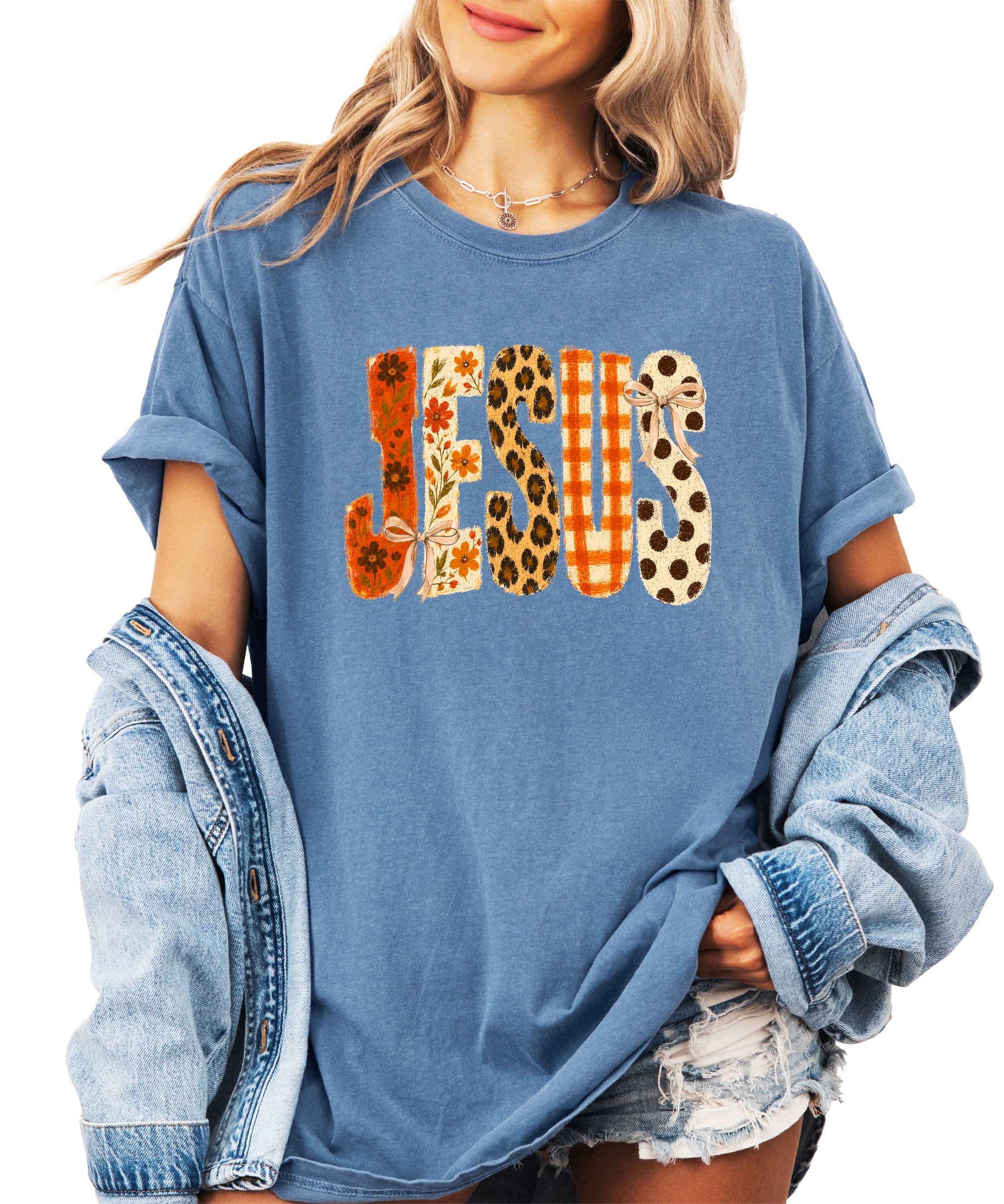Jesus floral leopard bow Christian Easter graphic tee in Blue Jean, detail view