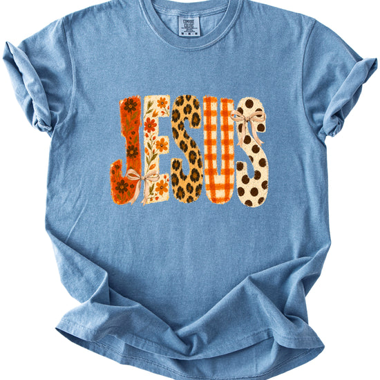 Jesus floral leopard bow Christian Easter graphic tee in Blue Jean, styled view
