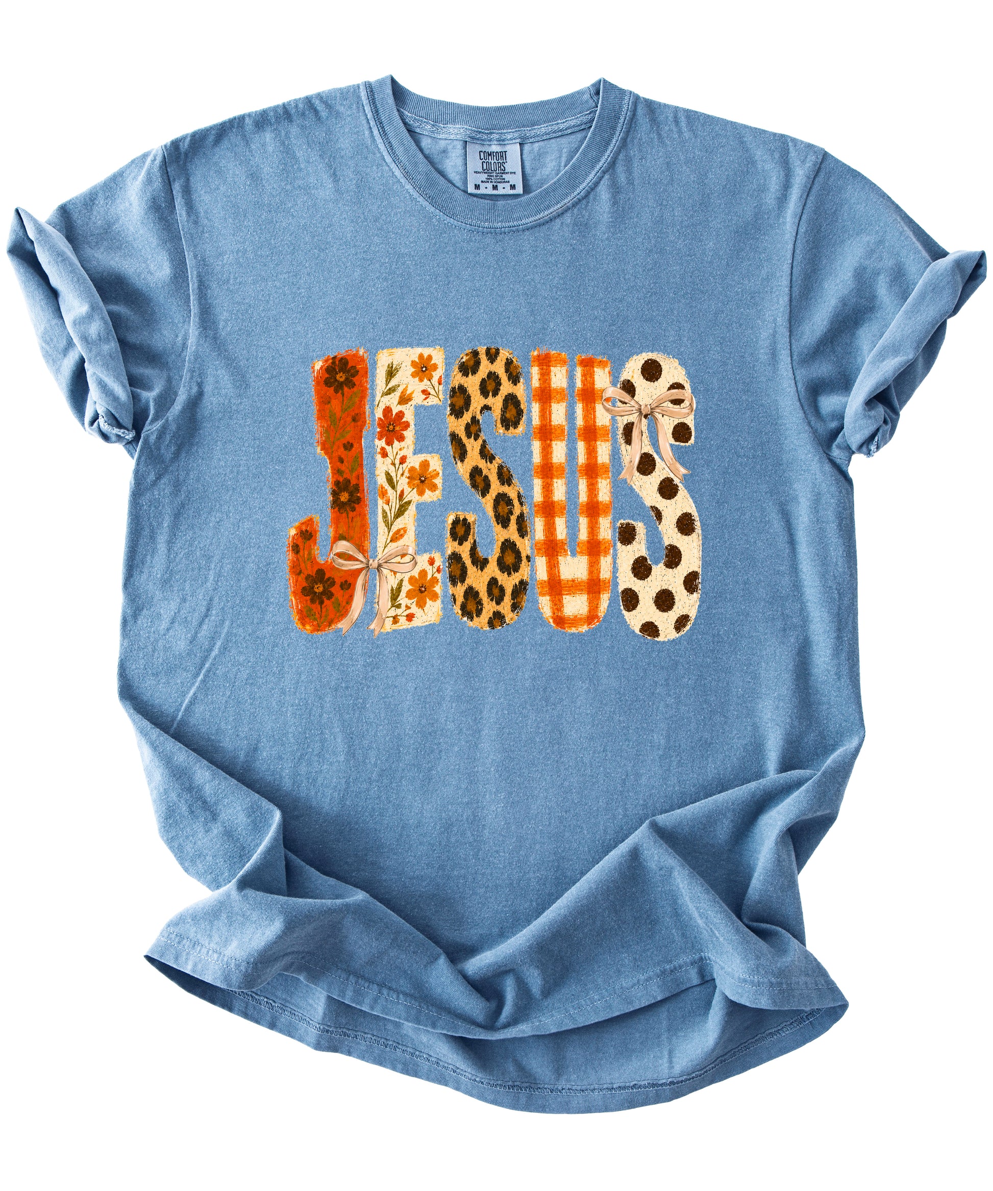 Jesus floral leopard bow Christian Easter graphic tee in Blue Jean, styled view