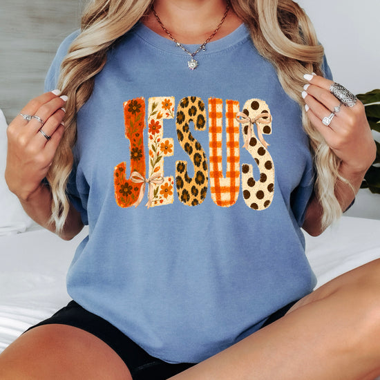 Jesus floral leopard bow Christian Easter graphic tee in Blue Jean, lifestyle view