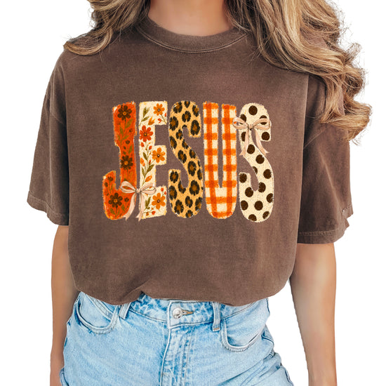 Jesus floral leopard bow Christian Easter graphic tee in Espresso, front view