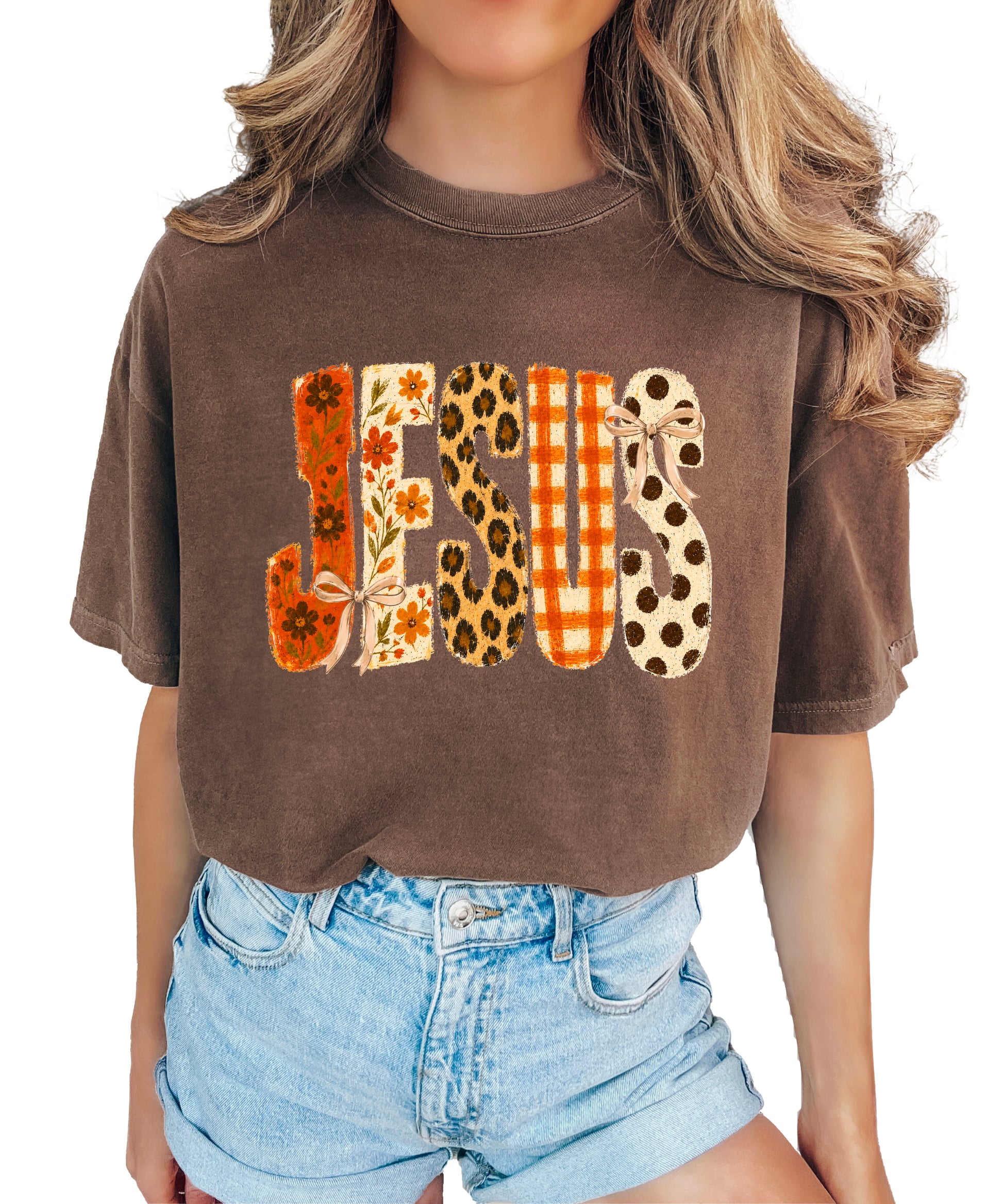 Jesus floral leopard bow Christian Easter graphic tee in Espresso, front view