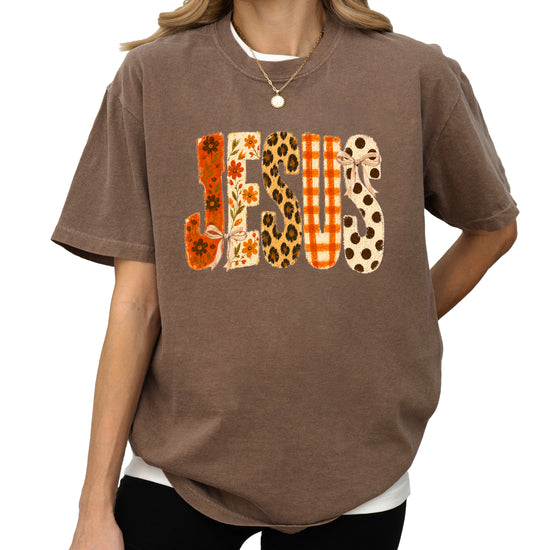 Jesus floral leopard bow Christian Easter graphic tee in Espresso, detail view