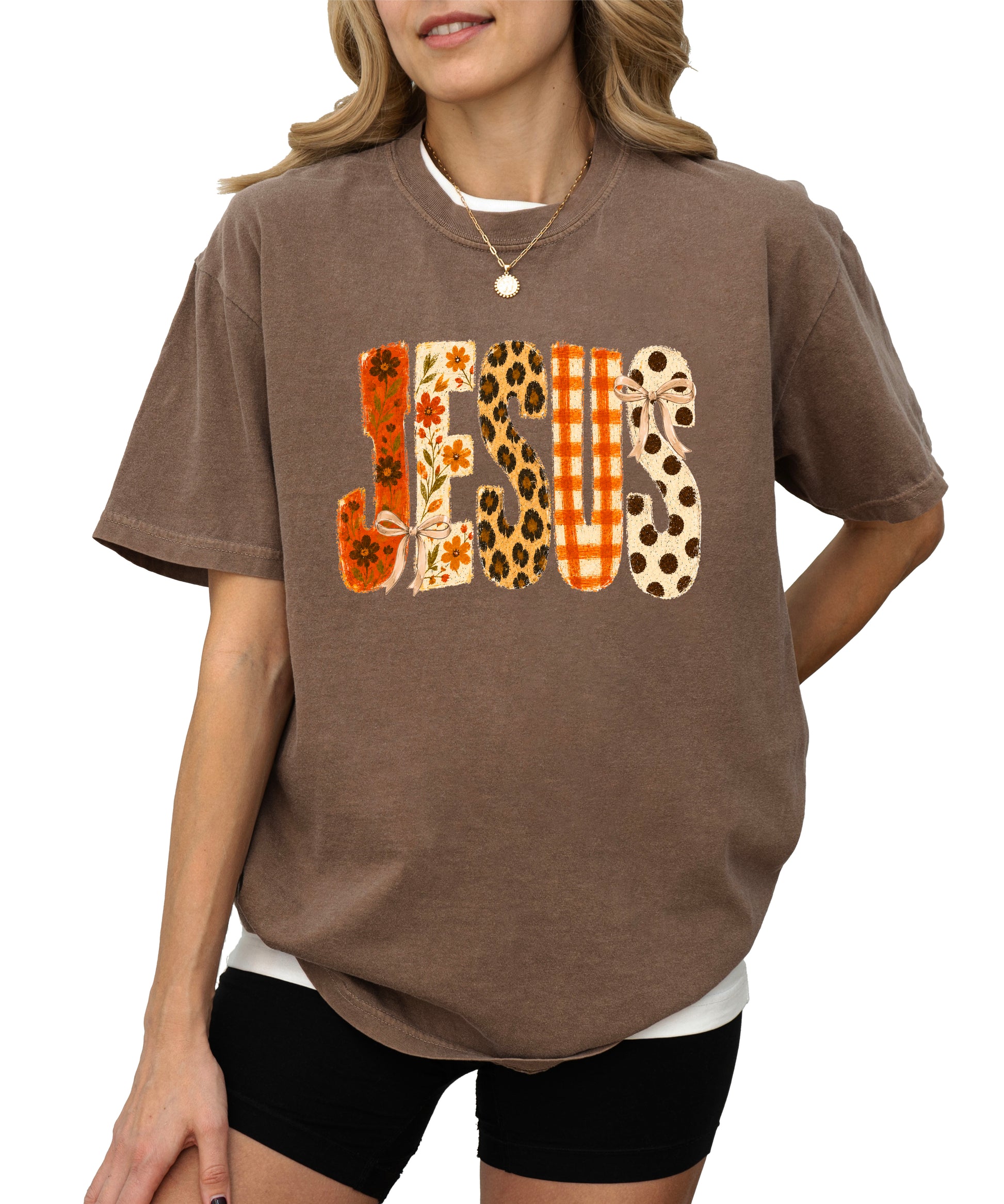 Jesus floral leopard bow Christian Easter graphic tee in Espresso, detail view
