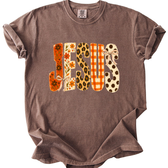 Jesus floral leopard bow Christian Easter graphic tee in Espresso, styled view
