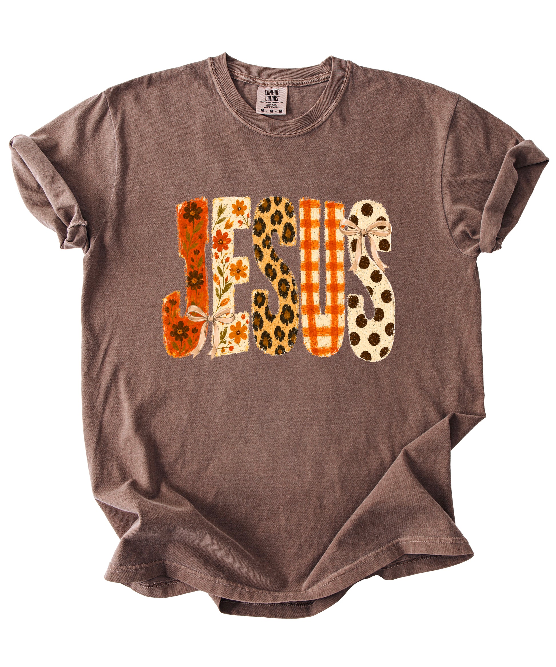 Jesus floral leopard bow Christian Easter graphic tee in Espresso, styled view