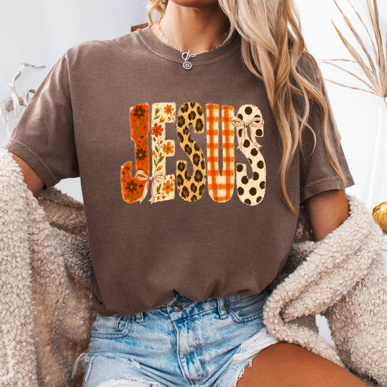 Jesus floral leopard bow Christian Easter graphic tee in Espresso, lifestyle view