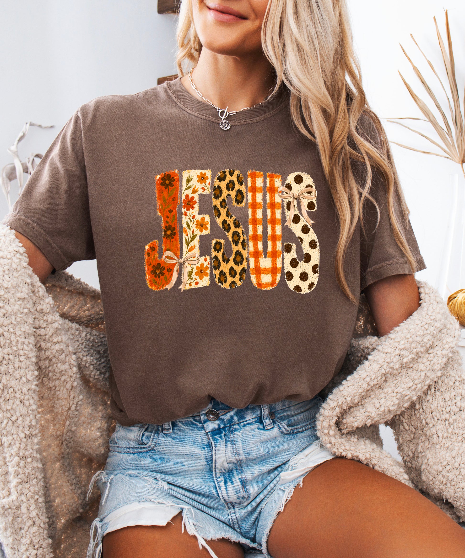 Jesus floral leopard bow Christian Easter graphic tee in Espresso, lifestyle view