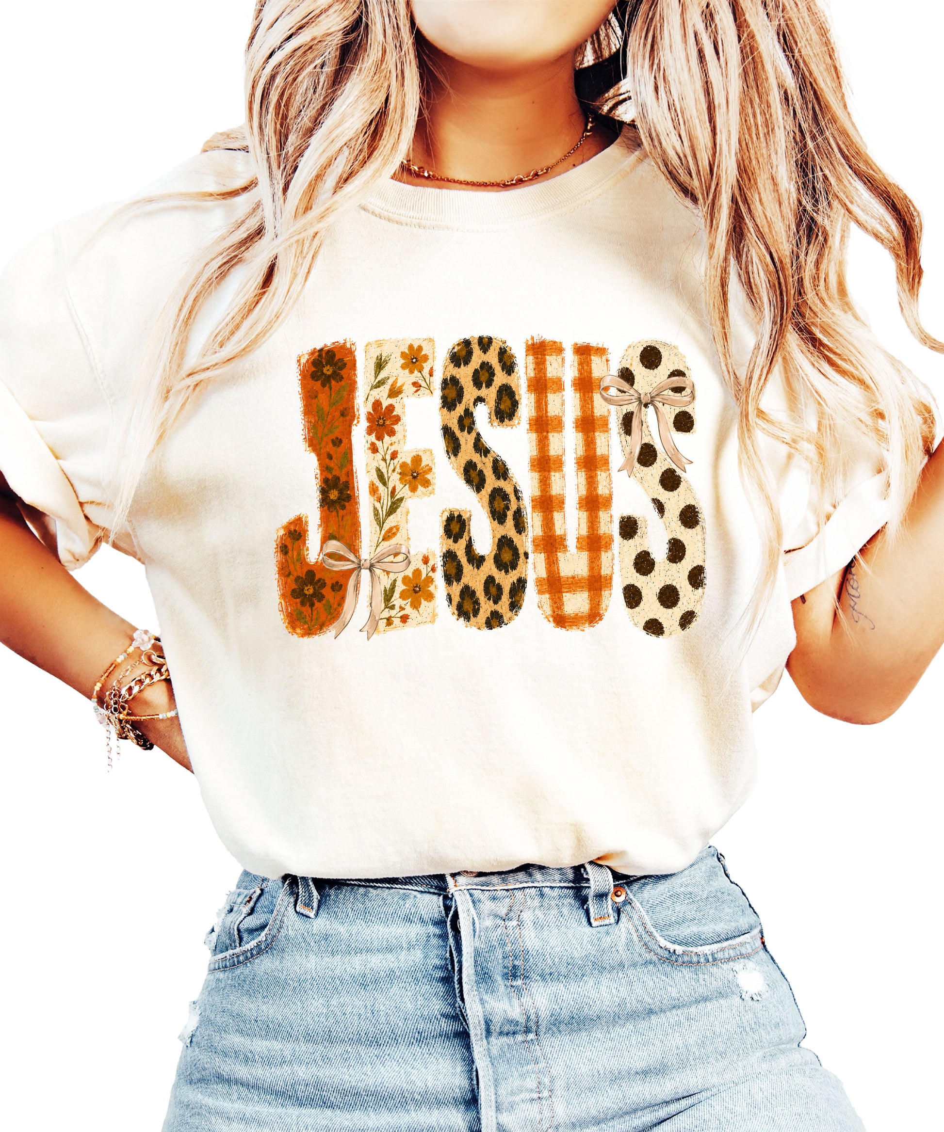 Jesus floral leopard bow Christian Easter graphic tee in Ivory, front view