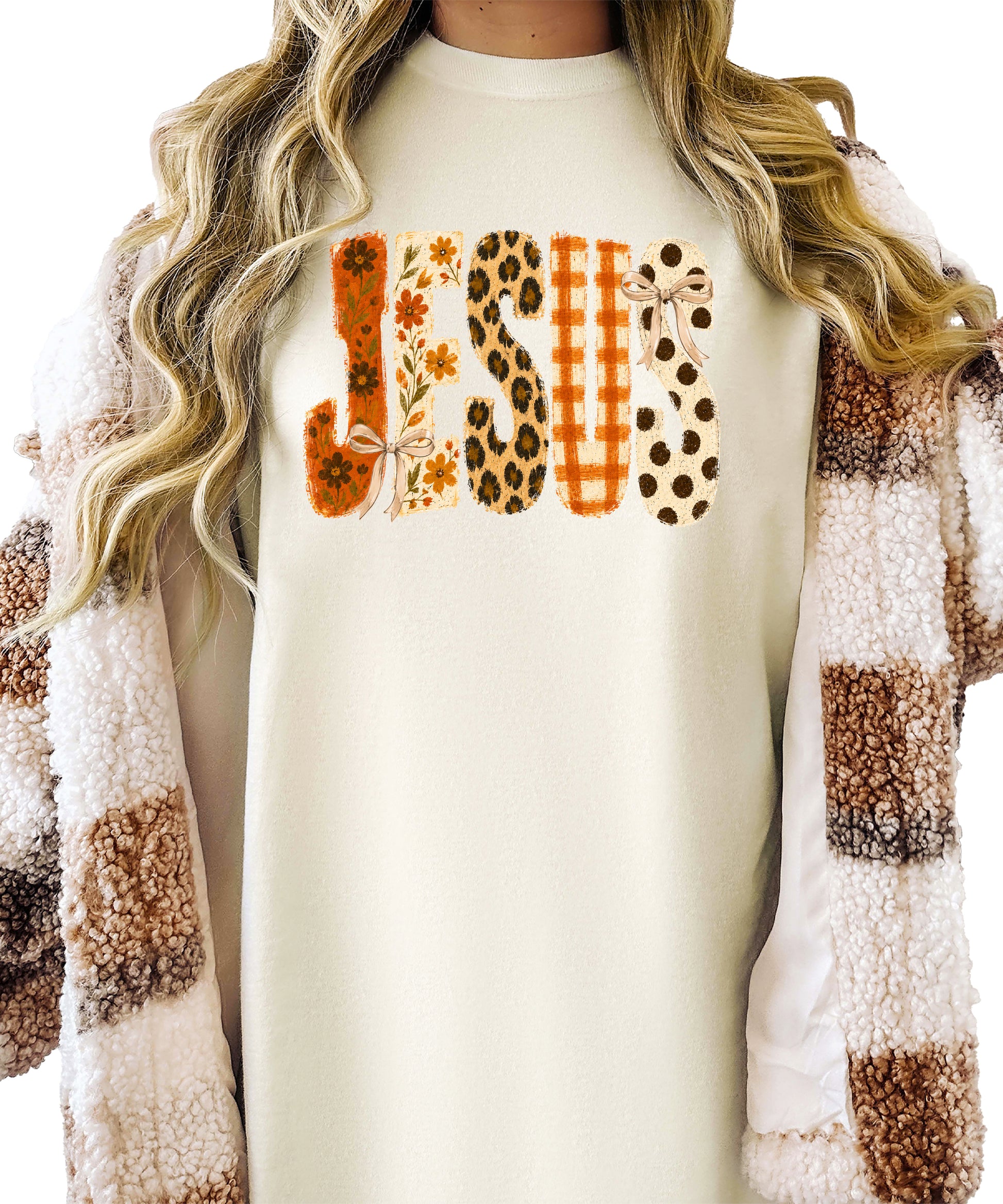 Jesus floral leopard bow Christian Easter graphic tee in Ivory, detail view