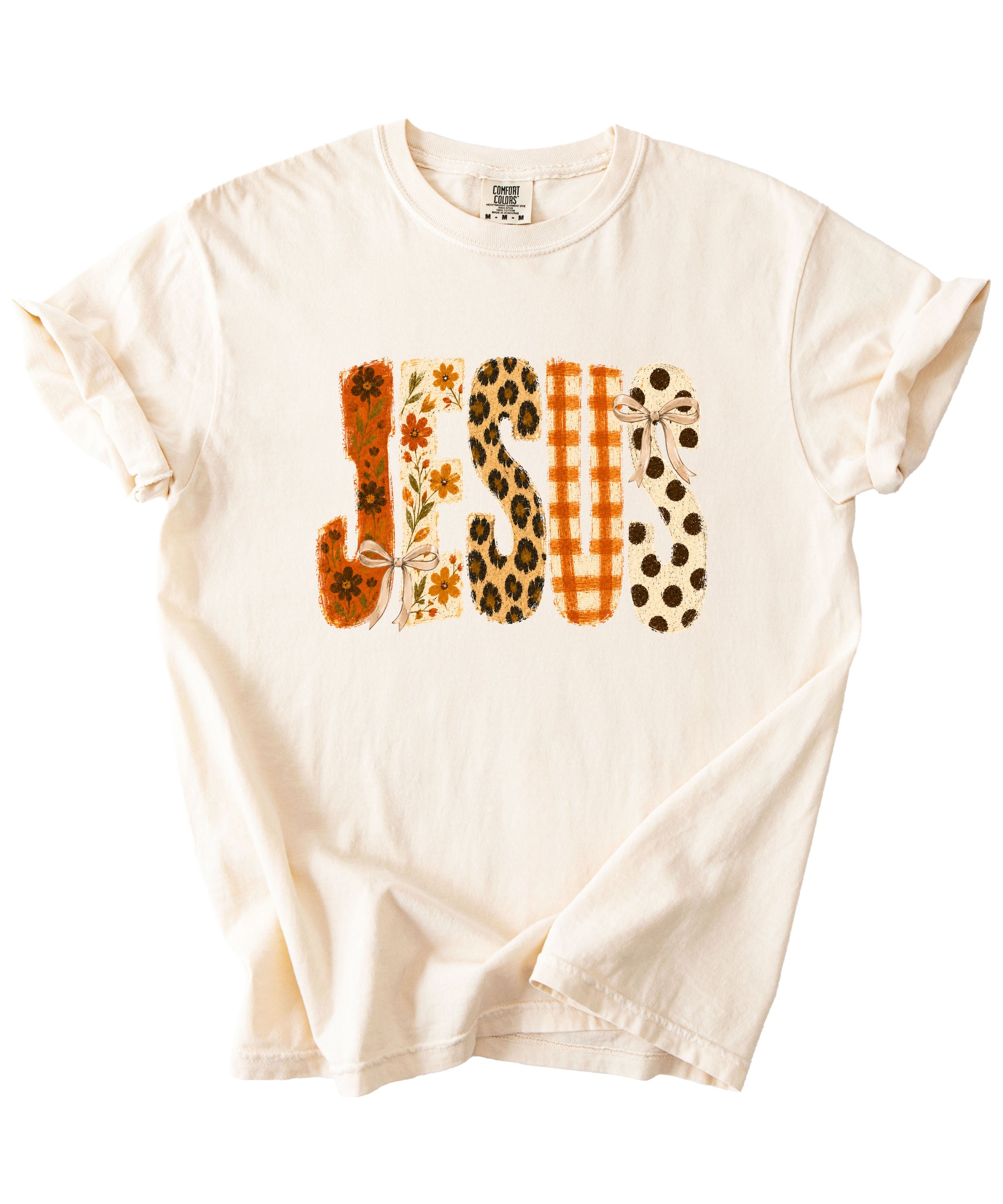 Jesus floral leopard bow Christian Easter graphic tee in Ivory, styled view