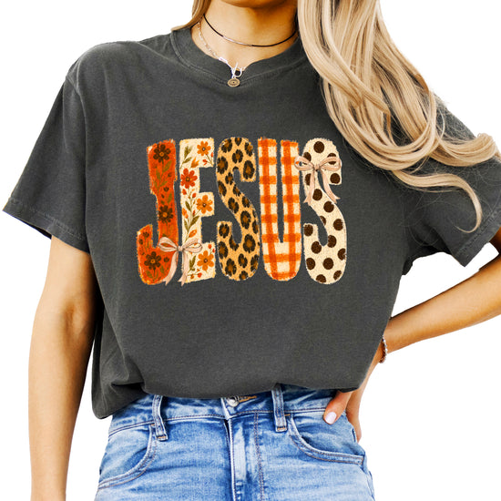 Jesus floral leopard bow Christian Easter graphic tee in Pepper, front view