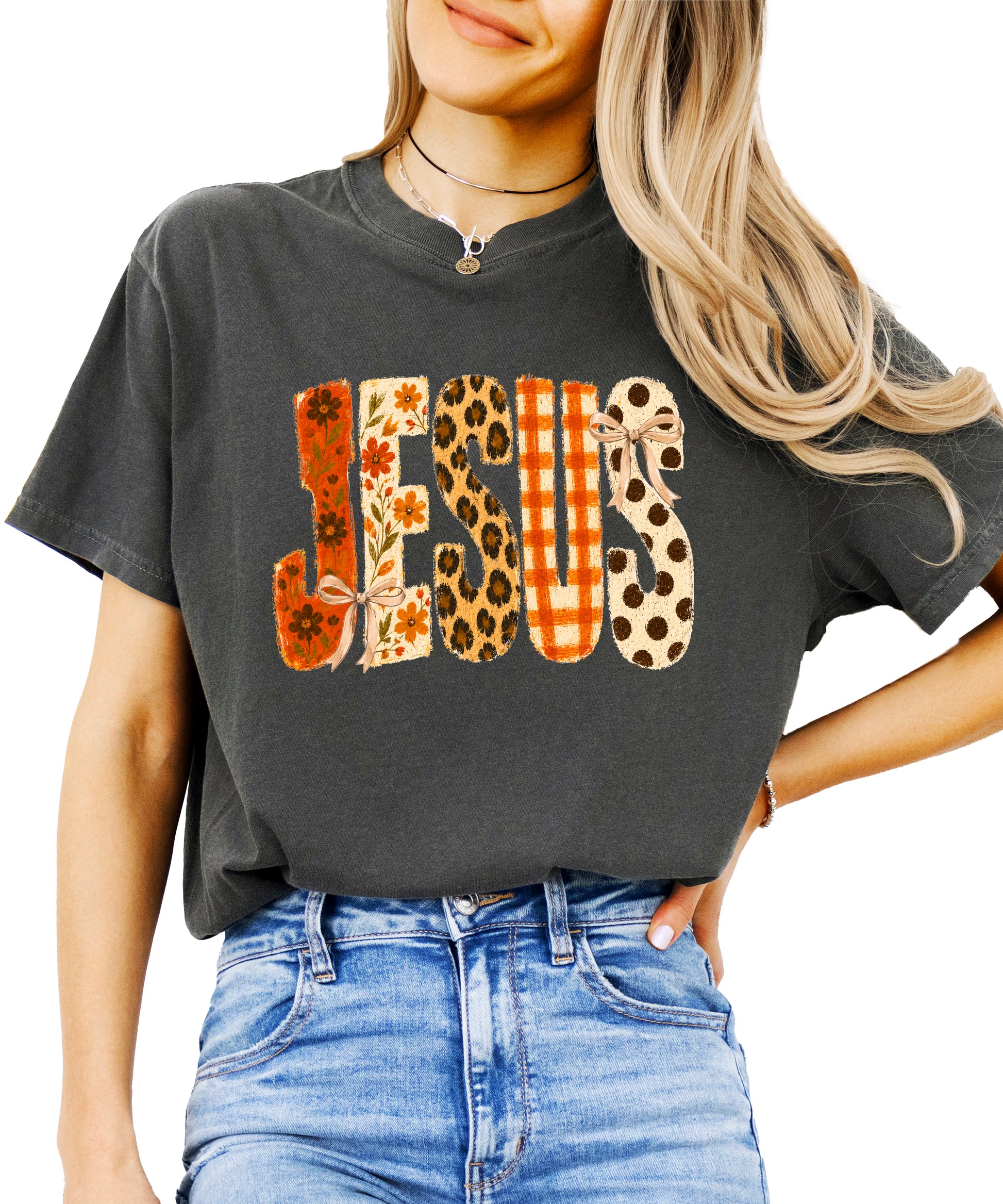 Jesus floral leopard bow Christian Easter graphic tee in Pepper, front view
