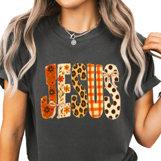 Jesus floral leopard bow Christian Easter graphic tee in Pepper, detail view