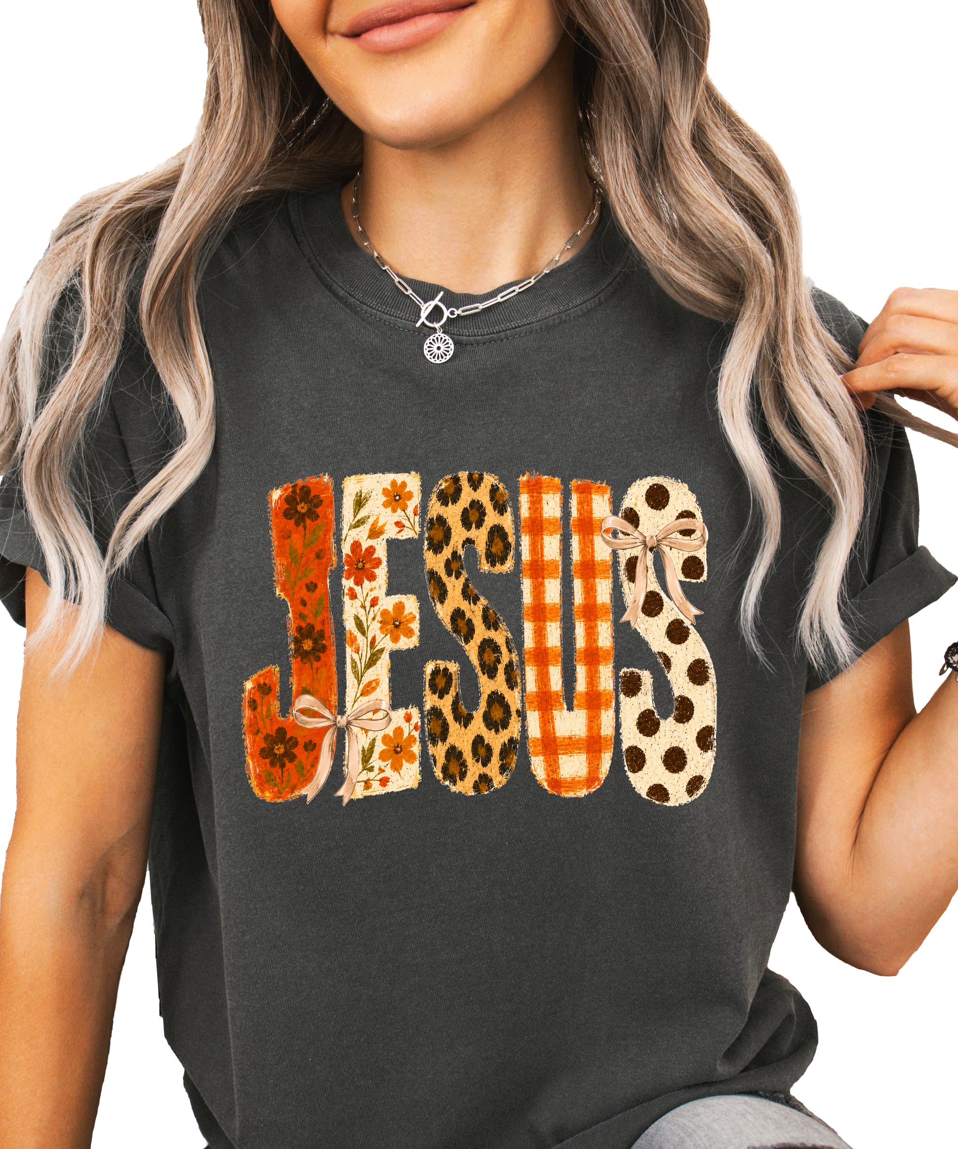 Jesus floral leopard bow Christian Easter graphic tee in Pepper, detail view