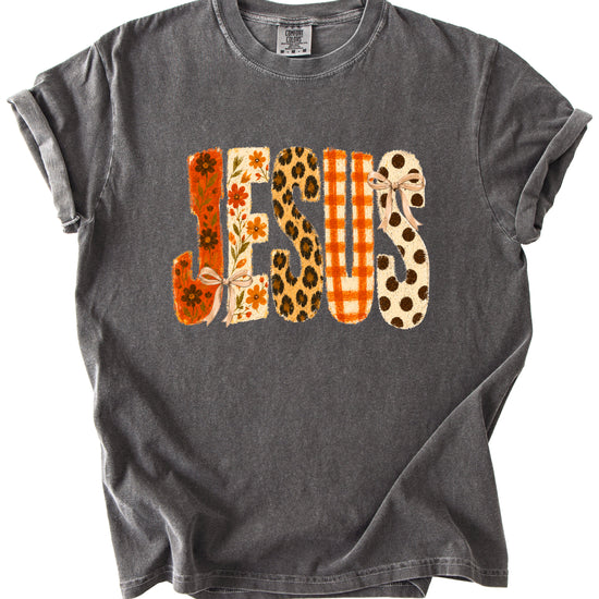 Jesus floral leopard bow Christian Easter graphic tee in Pepper, styled view