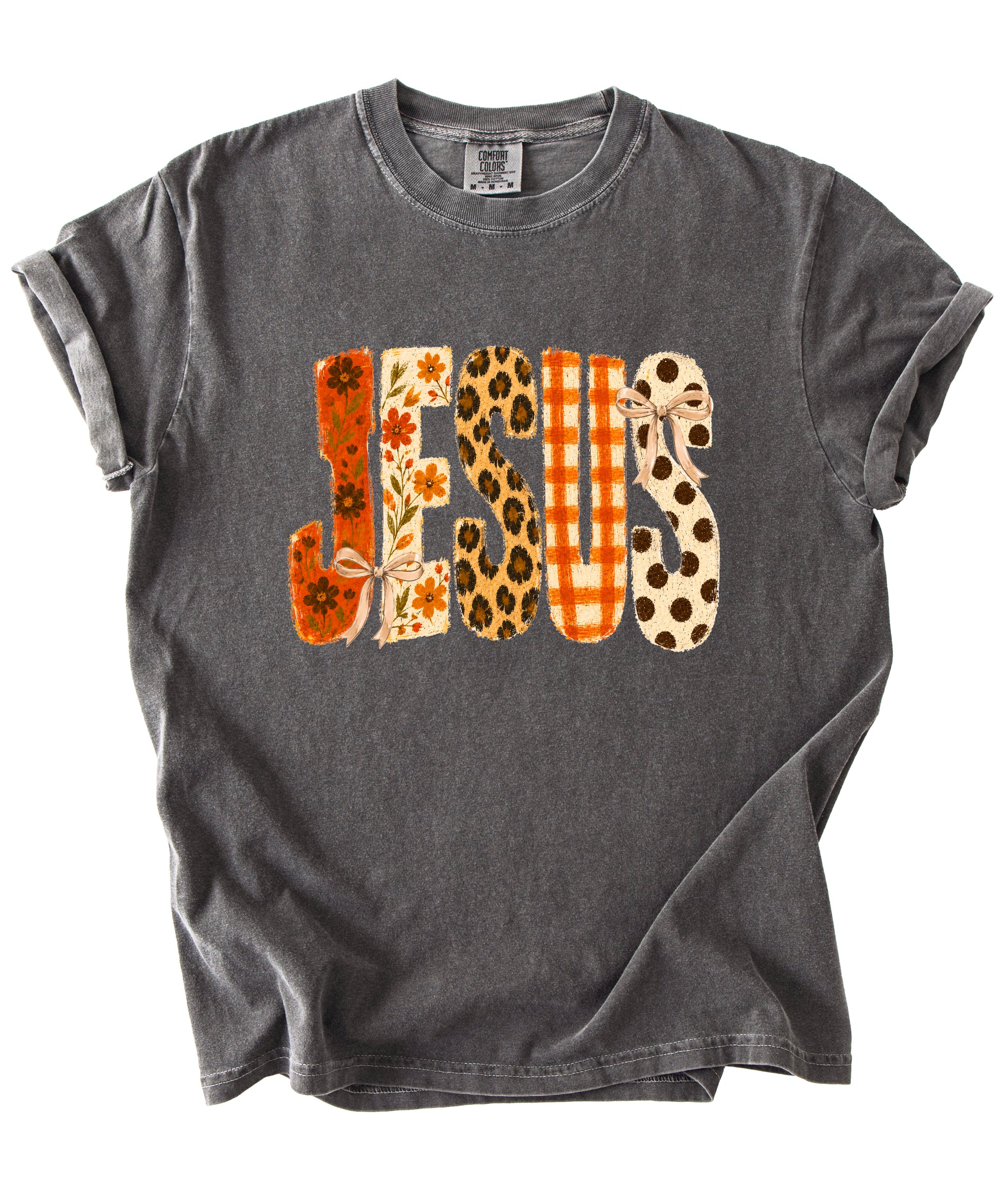 Jesus floral leopard bow Christian Easter graphic tee in Pepper, styled view