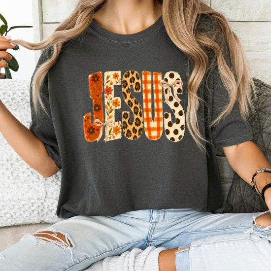 Jesus floral leopard bow Christian Easter graphic tee in Pepper, lifestyle view