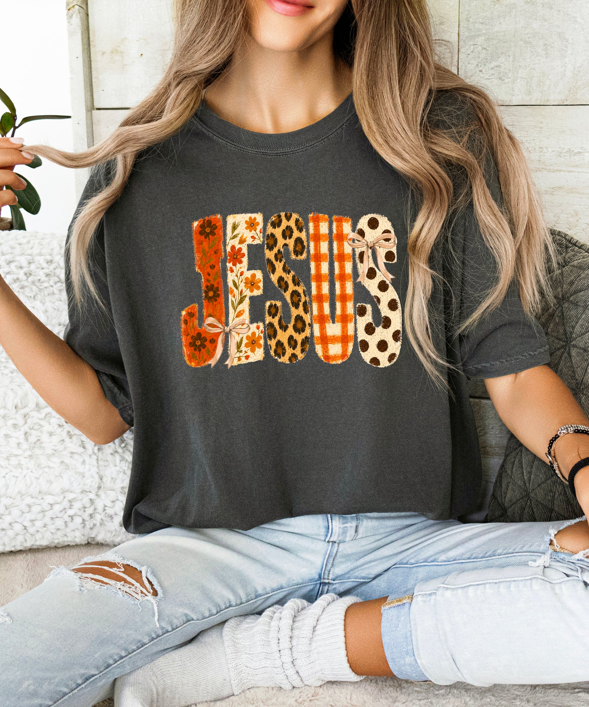 Jesus floral leopard bow Christian Easter graphic tee in Pepper, lifestyle view