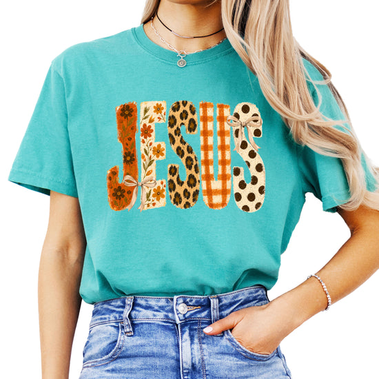 Jesus floral leopard bow Christian Easter graphic tee in Seafoam, front view