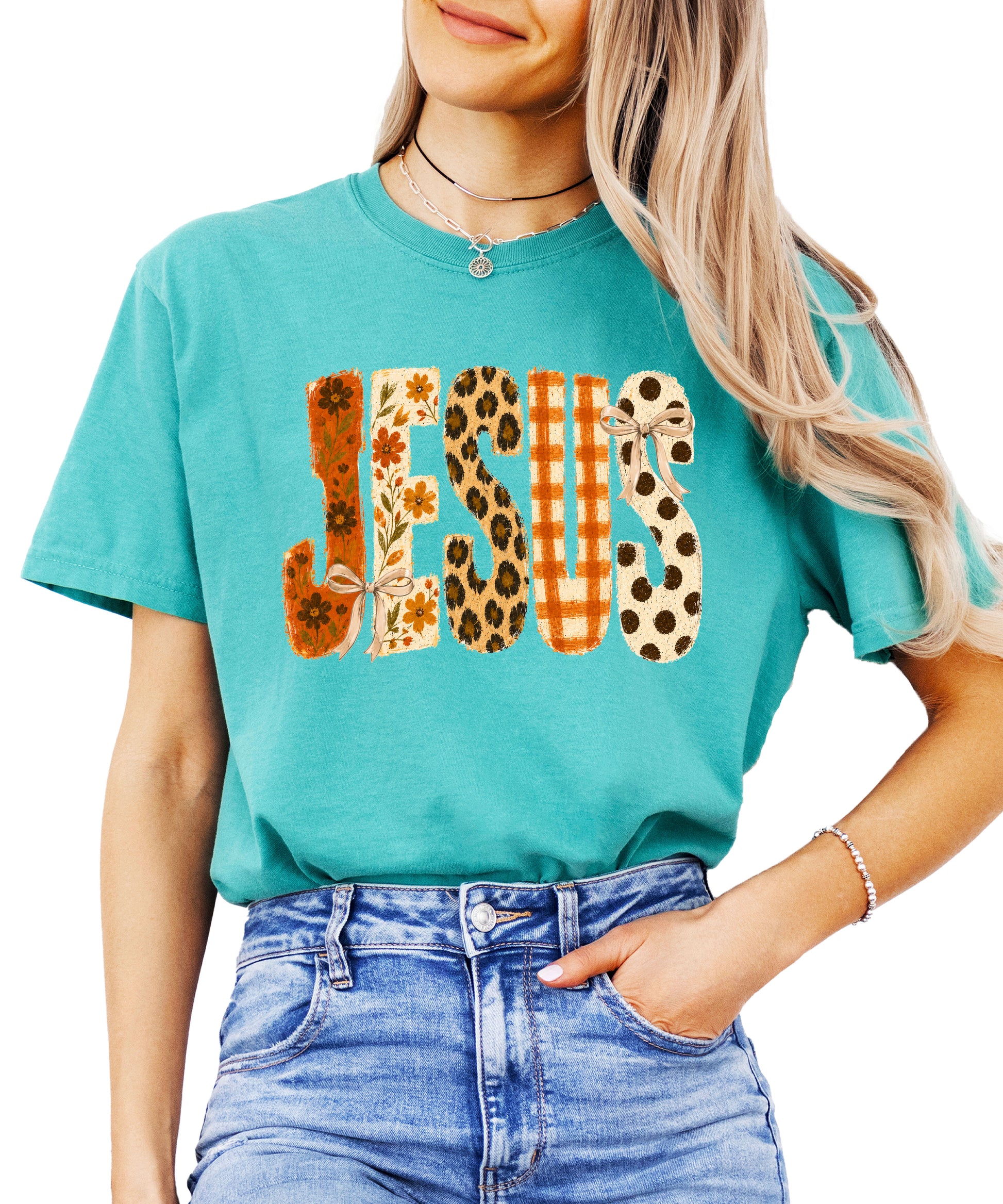 Jesus floral leopard bow Christian Easter graphic tee in Seafoam, front view