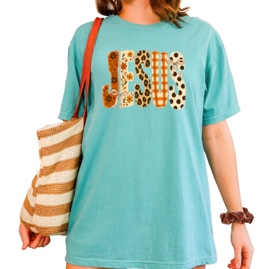 Jesus floral leopard bow Christian Easter graphic tee in Seafoam, detail view