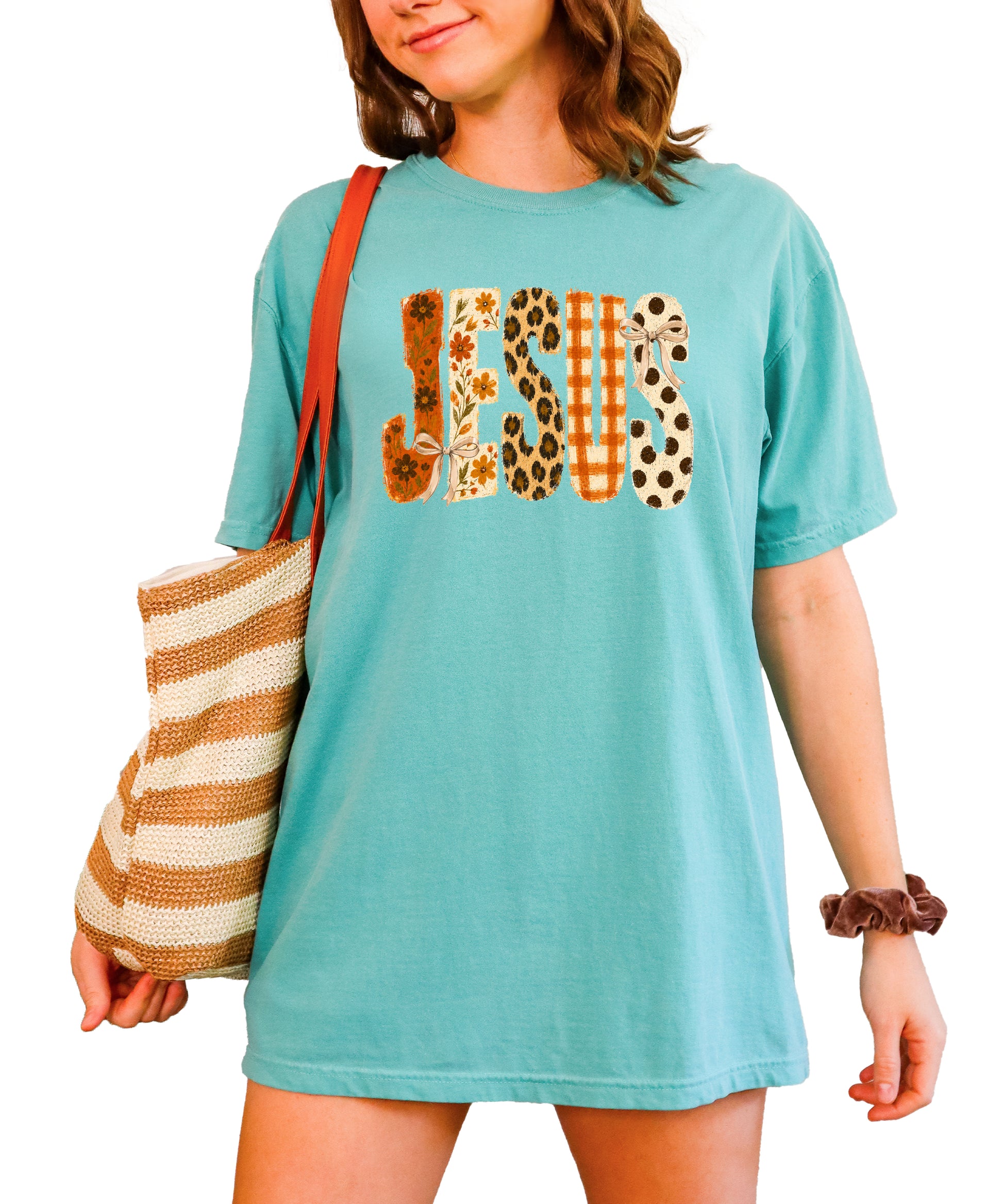 Jesus floral leopard bow Christian Easter graphic tee in Seafoam, detail view