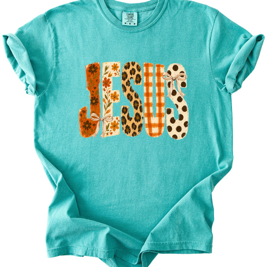 Jesus floral leopard bow Christian Easter graphic tee in Seafoam, styled view