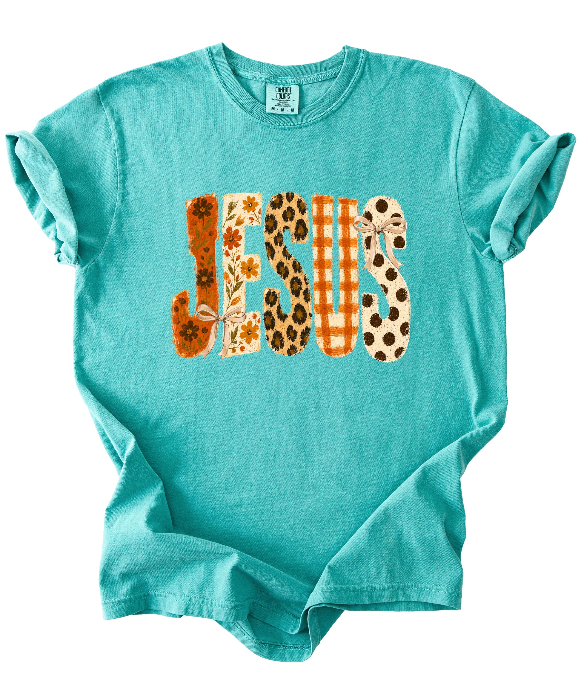 Jesus floral leopard bow Christian Easter graphic tee in Seafoam, styled view