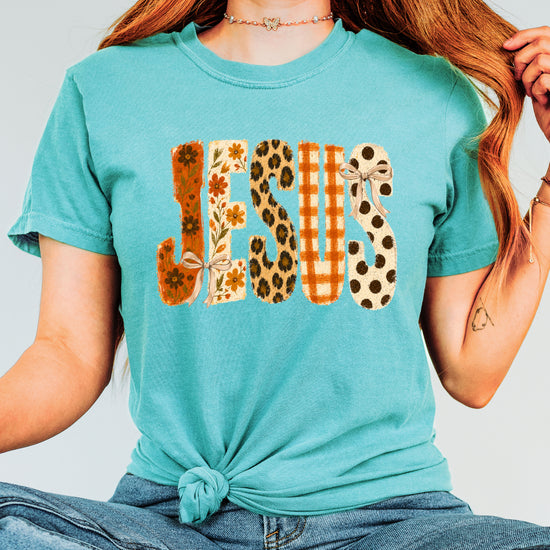 Jesus floral leopard bow Christian Easter graphic tee in Seafoam, lifestyle view