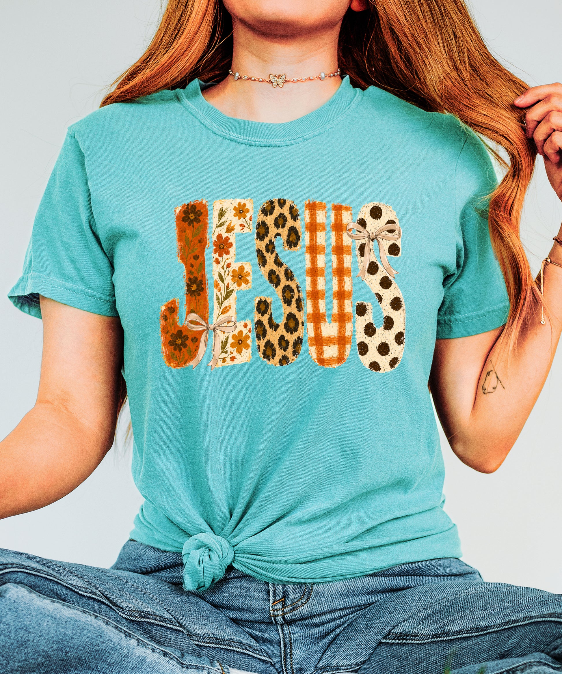 Jesus floral leopard bow Christian Easter graphic tee in Seafoam, lifestyle view