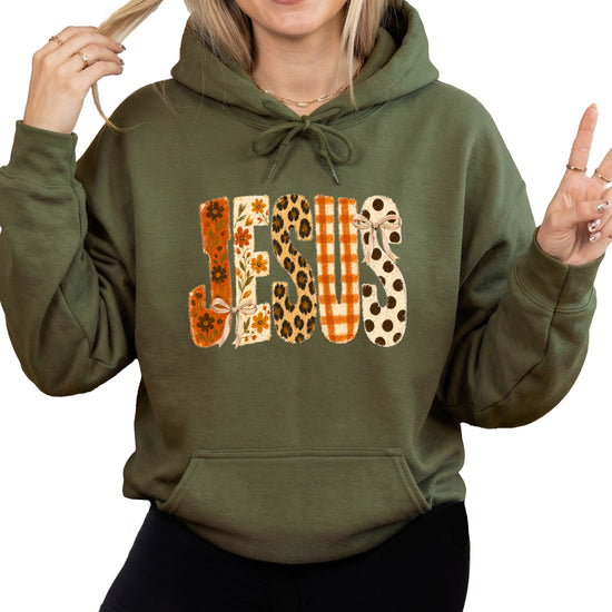 Jesus floral leopard coquette bow Christian hoodie in Army Green, front view