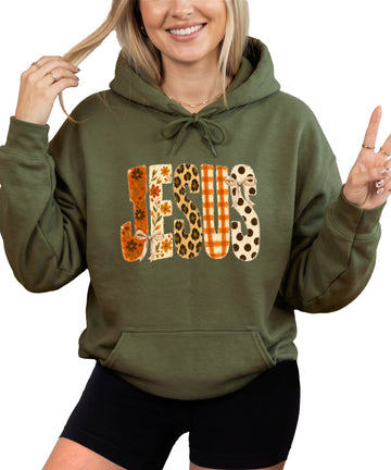 Jesus floral leopard coquette bow Christian hoodie in Army Green, front view