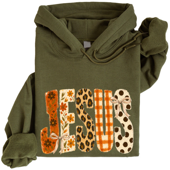 Jesus floral leopard coquette bow Christian hoodie in Army Green, detail view