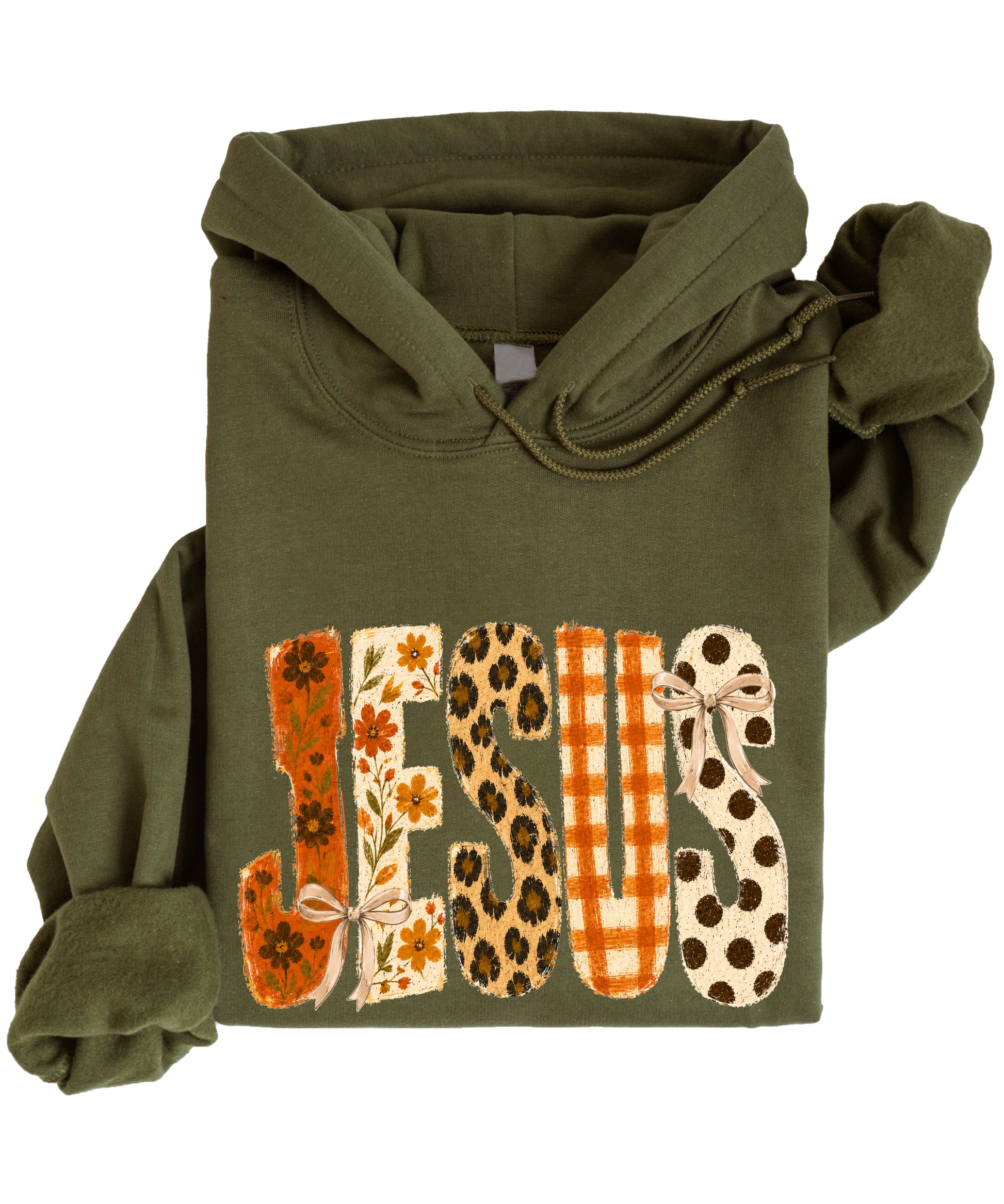 Jesus floral leopard coquette bow Christian hoodie in Army Green, detail view