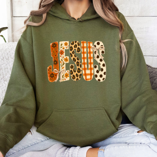 Jesus floral leopard coquette bow Christian hoodie in Army Green, styled view