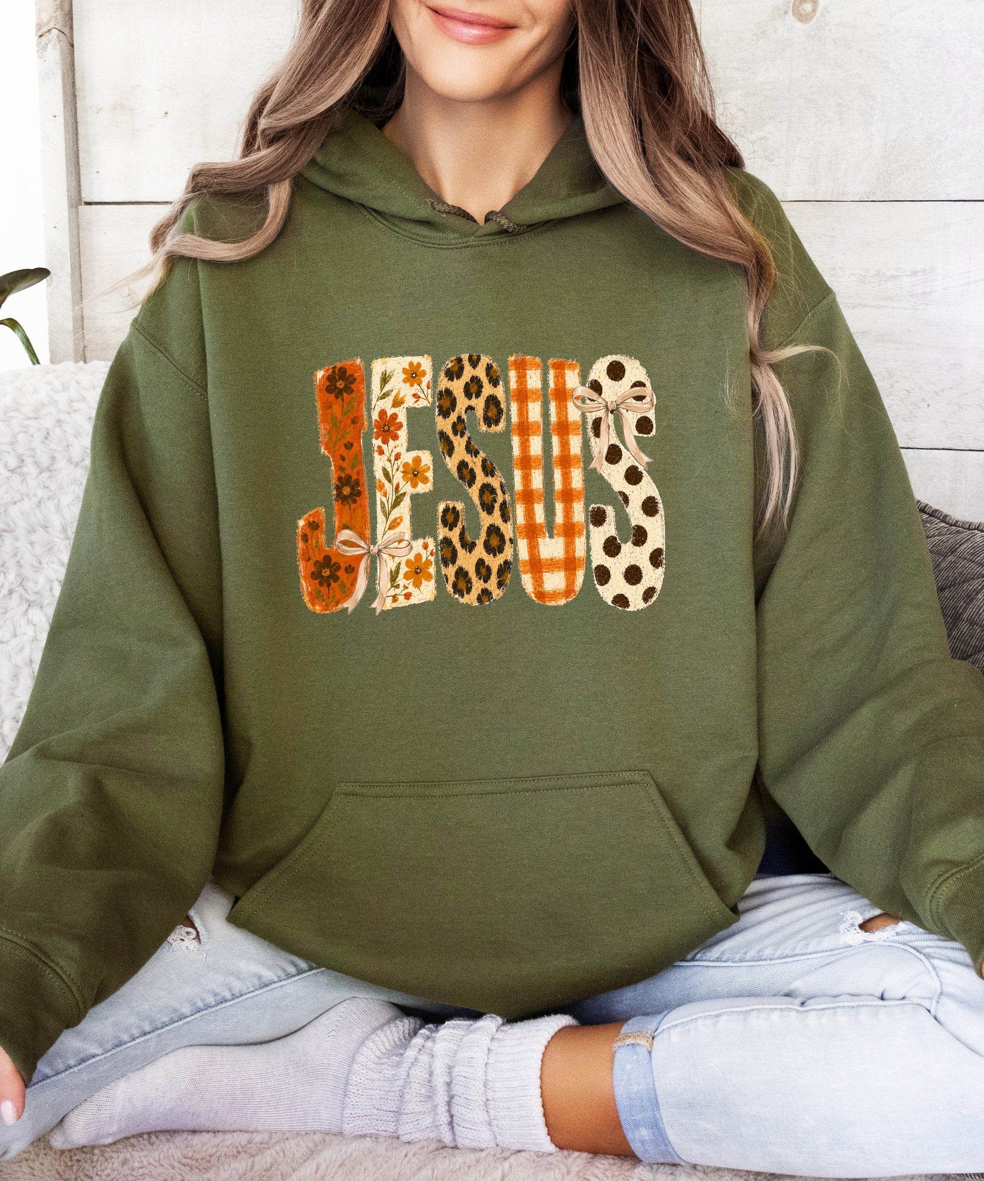 Jesus floral leopard coquette bow Christian hoodie in Army Green, styled view