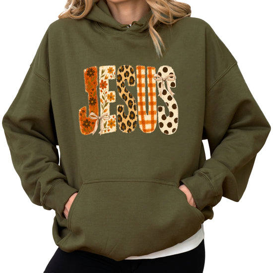 Jesus floral leopard coquette bow Christian hoodie in Army Green, model view
