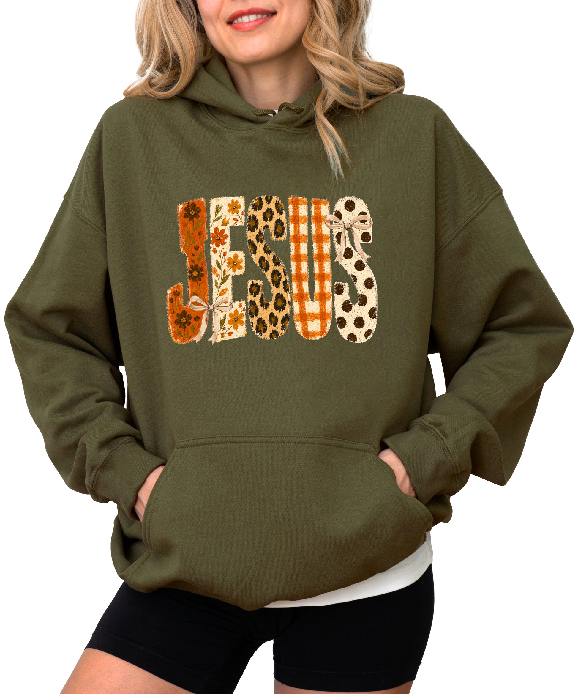 Jesus floral leopard coquette bow Christian hoodie in Army Green, model view