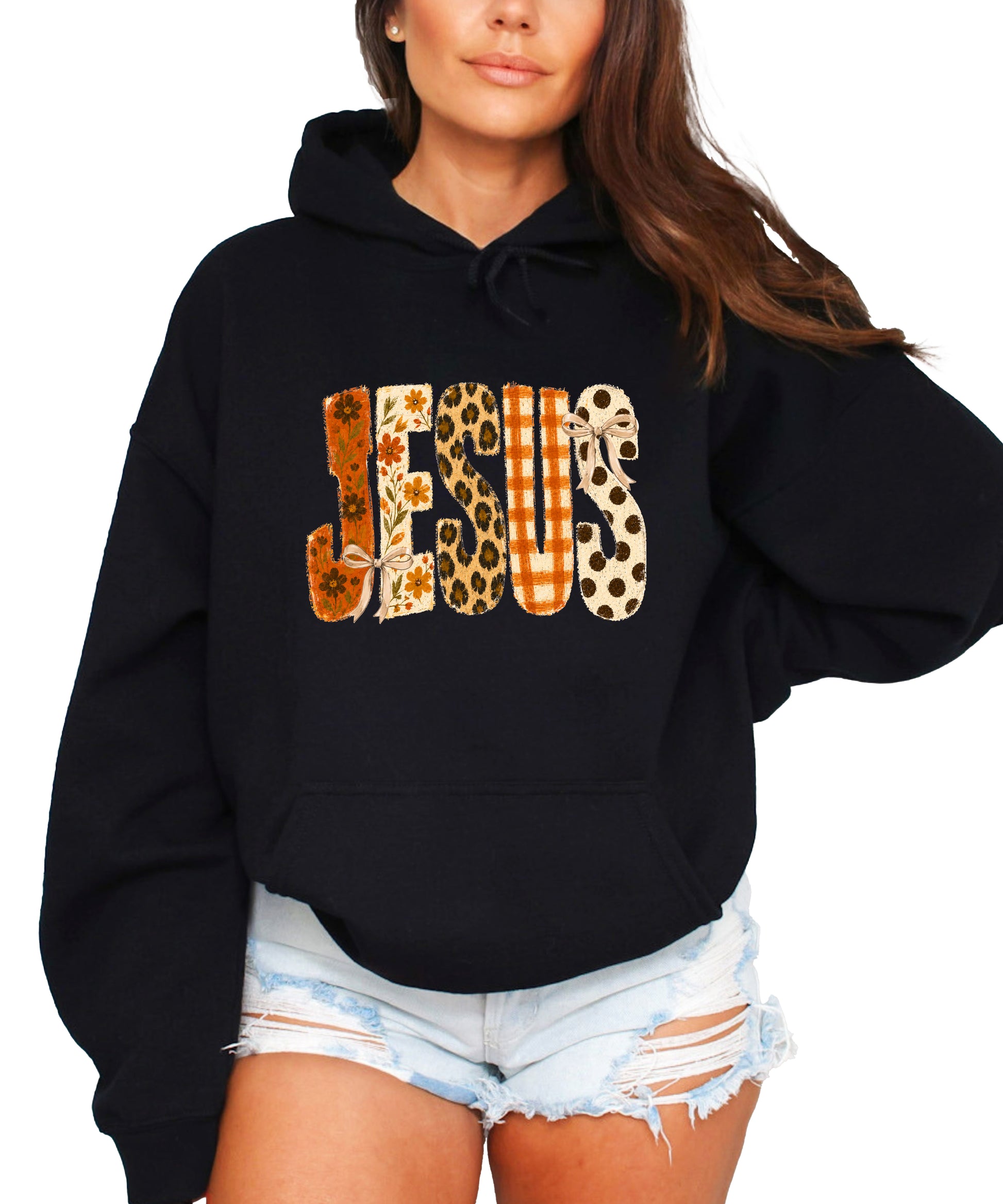 Jesus floral leopard coquette bow Christian hoodie in Black, front view