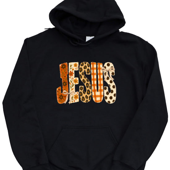 Jesus floral leopard coquette bow Christian hoodie in Black, detail view