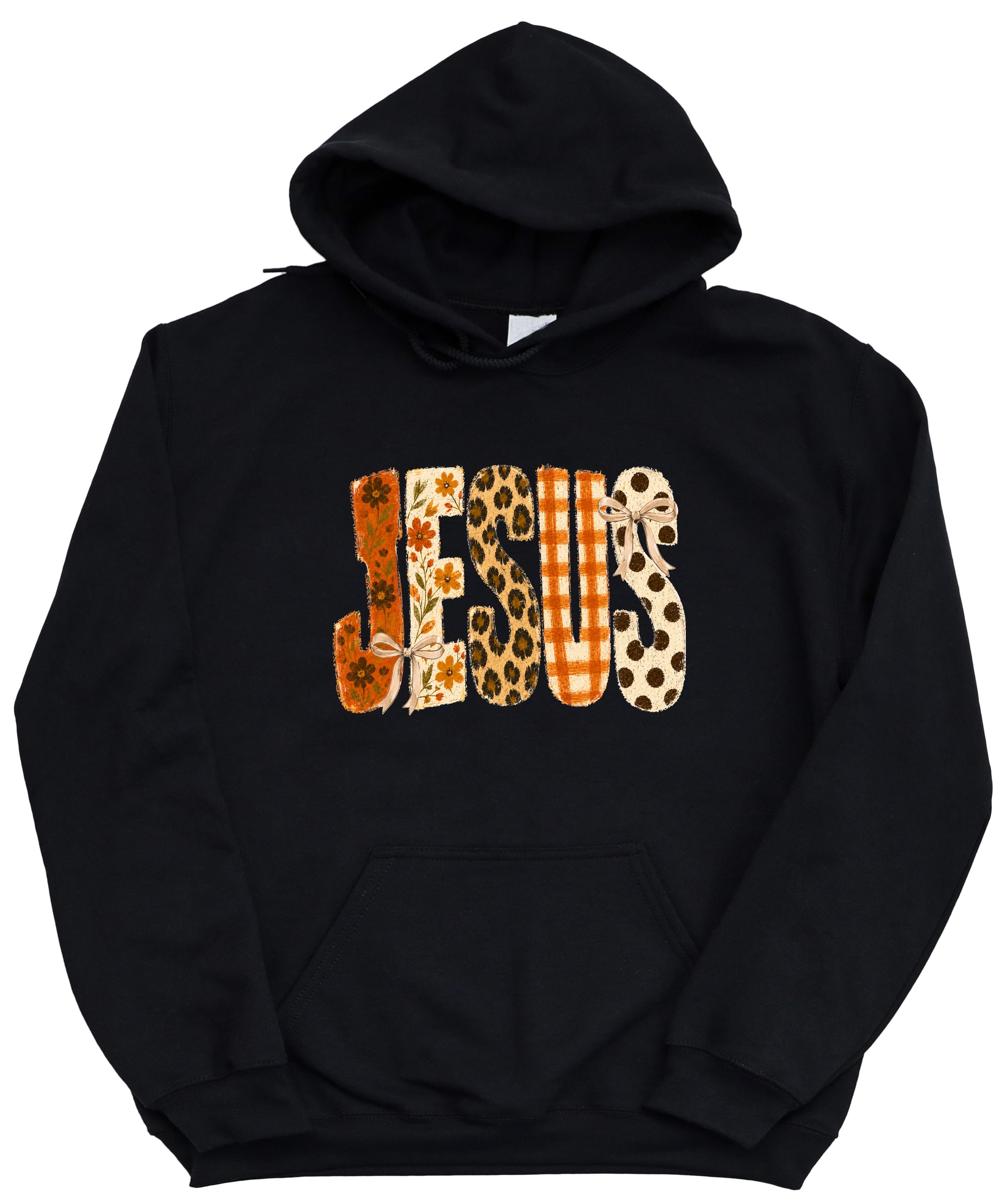 Jesus floral leopard coquette bow Christian hoodie in Black, detail view