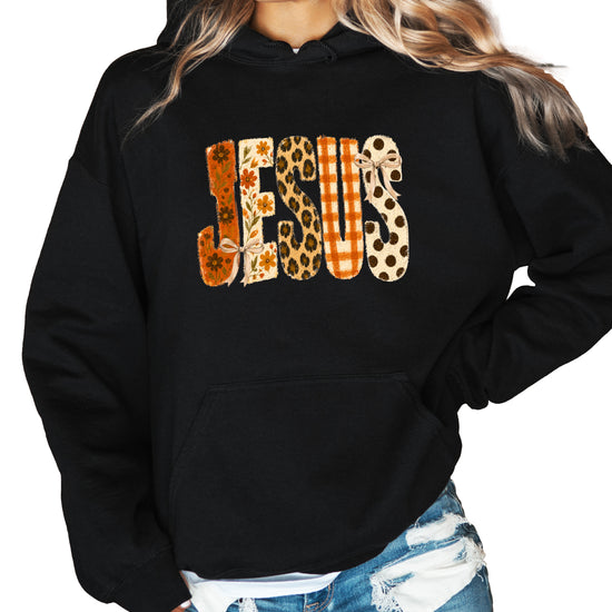 Jesus floral leopard coquette bow Christian hoodie in Black, styled view
