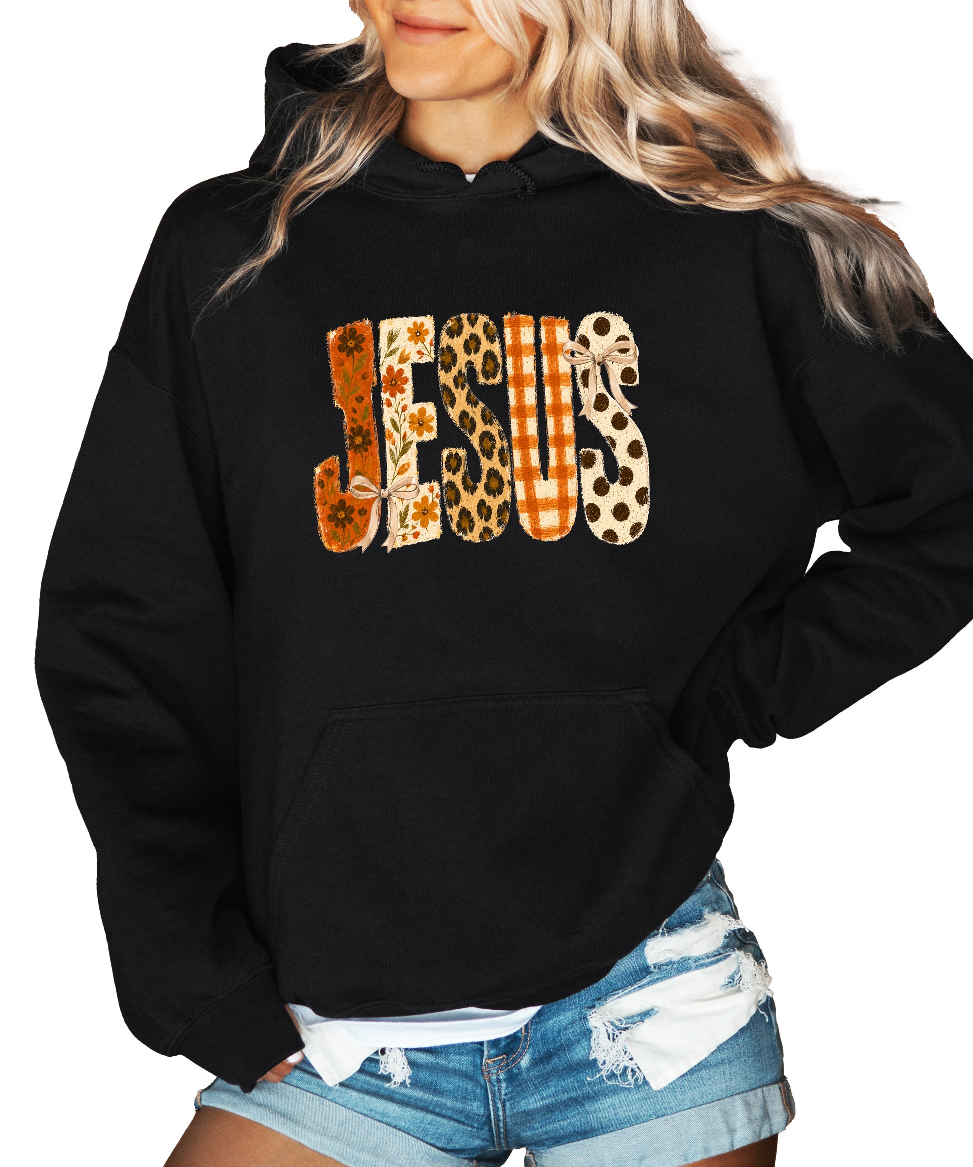Jesus floral leopard coquette bow Christian hoodie in Black, styled view