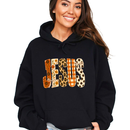 Jesus floral leopard coquette bow Christian hoodie in Black, lifestyle view