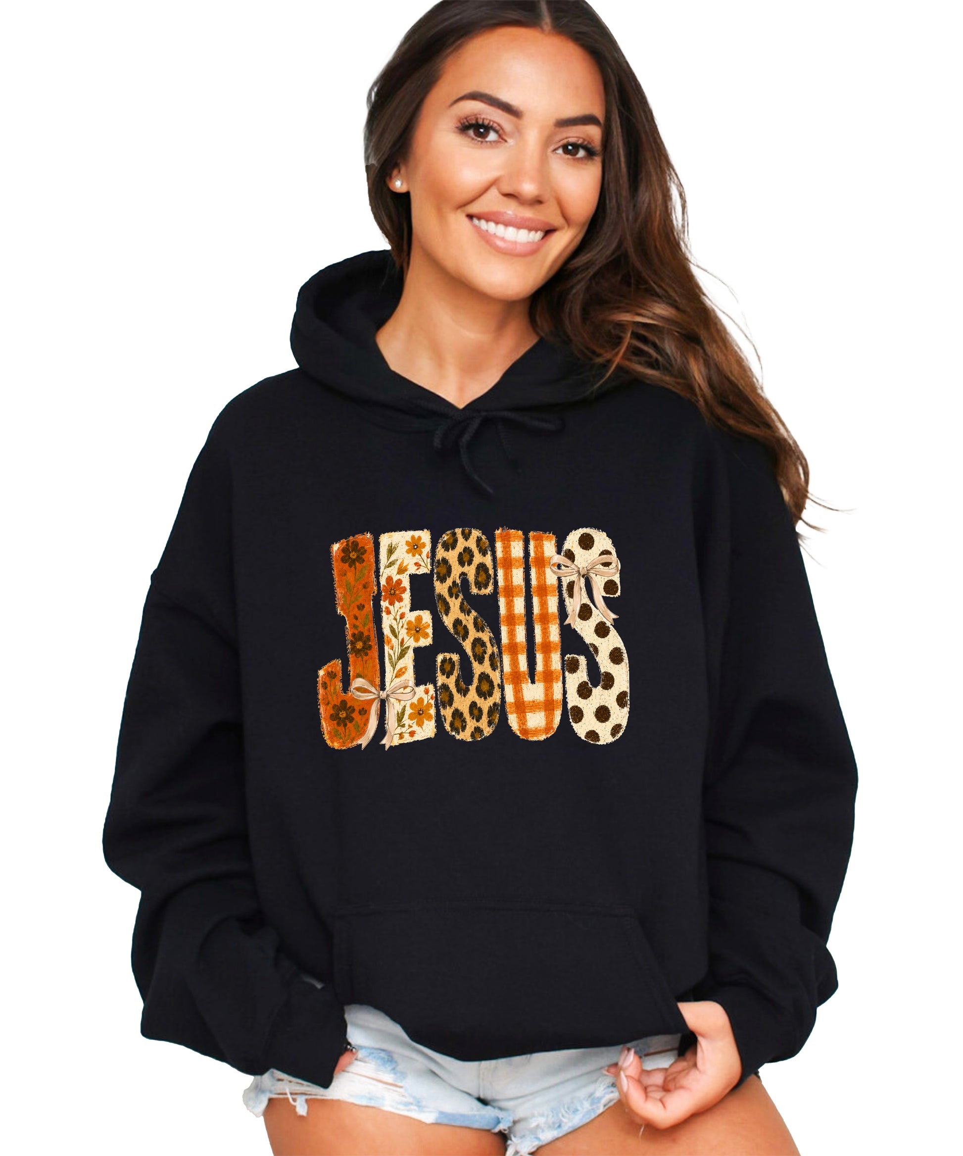 Jesus floral leopard coquette bow Christian hoodie in Black, lifestyle view