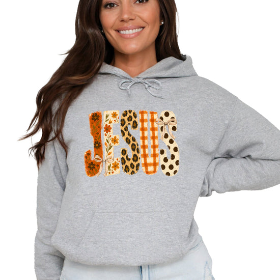 Jesus floral leopard coquette bow Christian hoodie in Gray, front view
